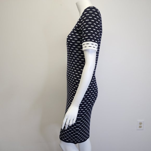 Misook Womens XS Petite Short Sleeve Knit Dress Navy Blue White Dashes & Trim - Picture 8 of 14